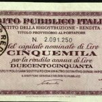 1946 – Debito Pubblico Italiano – Prestito della Ricostruzione – Rendita 5% – Roma-2