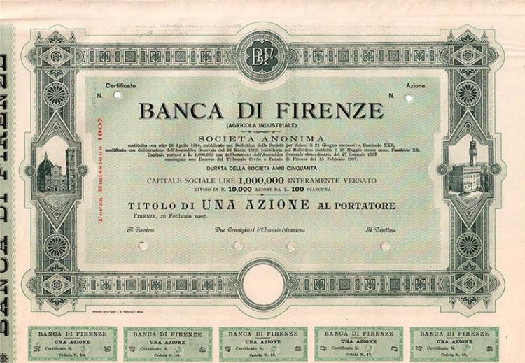 Banca di Firenze • Titolo finanziario storico • Scripomuseum