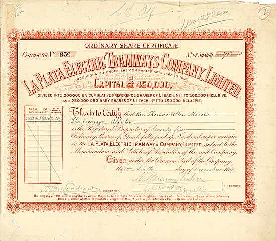 La Plata Electric Tramways Company Limited • Titolo finanziario storico